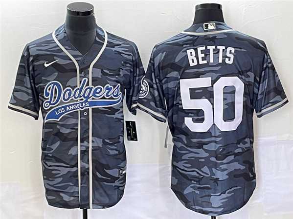 Mens Los Angeles Dodgers #50 Mookie Betts Gray Camo Cool Base With Patch Stitched Baseball Jerseys